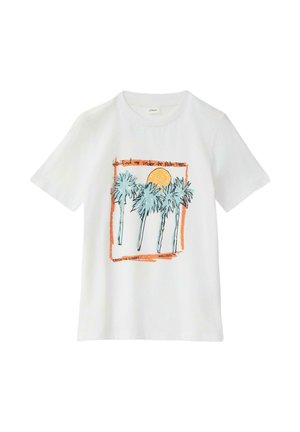 Weißes kurzärmliges T-Shirt mit einer bunten Grafik von vier Palmen und einer orangefarbenen Sonne in einem groben orangefarbenen Rahmen.