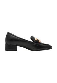 Black leather loafers with a pointed toe, small block heel, and a gold-tone chain accent on the front. Smooth texture and minimal design.