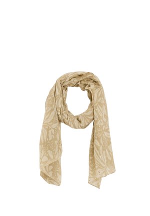 Écharpe beige avec des motifs lumineux abstraits, bouclée librement avec deux extrémités pendantes, présentée sur un fond blanc.