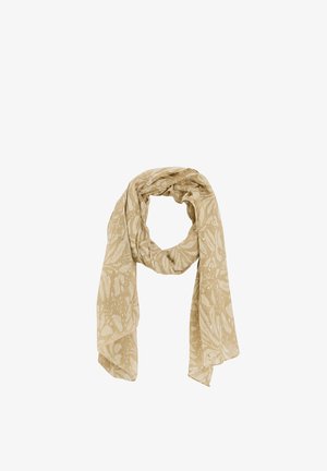 Écharpe beige avec des motifs lumineux abstraits, bouclée librement avec deux extrémités pendantes, présentée sur un fond blanc.