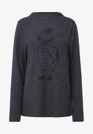 Tmavě šedá tričko s dlouhým rukávem, které se vyznačuje minimalistickým, tmavým grafickým potiskem postavy, uvolněným výstřihem a jemnou texturou.