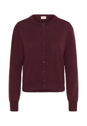 Burgundy cardigan made of soft fabric, featuring a round neckline, long sleeves, and front buttons along the placket.