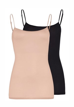 Twee damesmouwloze hemdjes, één beige aan de voorkant en één zwarte aan de achterkant, beide met dunne verstelbare bandjes en een aansluitende pasvorm.