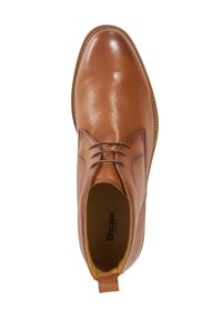 Brown leather lace-up shoe with a rounded toe, stitched detailing, and a pull tab at the heel. Interior features a gold lining.