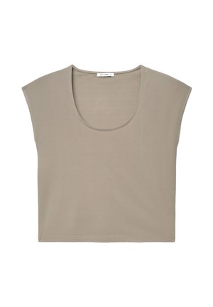 Top corto beige a maniche corte con scollo a U e tessuto liscio, etichetta "Calliope" all'interno del colletto.