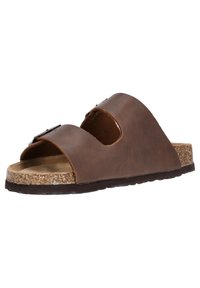 Sandale en cuir marron à enfiler avec deux larges sangles, semelle en liège et semelle en caoutchouc. Dotée d'une forme arrondie et d'un design minimaliste.