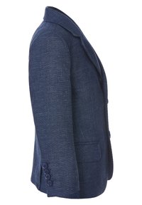 Blazer de hombre azul marino con textura, solapas con muesca, cuatro botones en el puño de la manga y bolsillo delantero con solapa, mostrado en vista lateral.