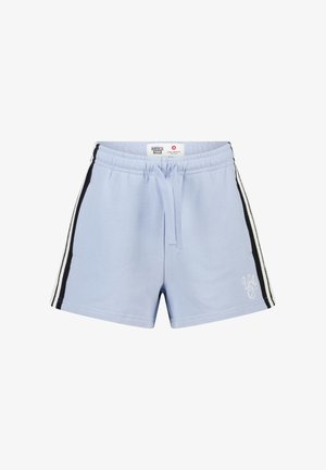 Pantalones cortos de algodón azul claro con franjas laterales en blanco y negro, cintura elástica con cordón y bordado blanco "USA" en la pierna izquierda.