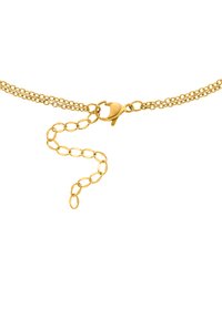 Collana in oro con design a doppio anello, chiusura a gancio e finitura liscia e lucida con forme di anelli alternate.