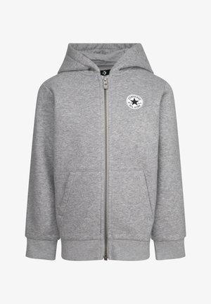 Gray zip-up hoodie made of soft material, featuring a front pocket, ribbed cuffs, and an emblem patch on the chest.