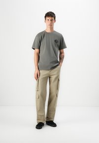 Grå t-shirt med korte ærmer og logo på brystet, parret med beige cargo-bukser med sidelommer og en afslappet pasform. Sorte sko.