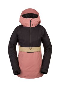 Veste à capuche pour femme avec partie inférieure et capuche roses, partie supérieure et manches noires, sangle horizontale beige, et fermeture éclair frontale.