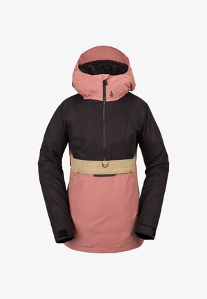 Naisten hupullinen takki, jossa vaaleanpunainen alaosa ja huppu, musta yläosa ja hihat, beige vaakasuora remmi ja etuvetoketju.