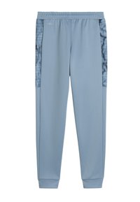 Helle blaue Sporthose mit glatter Textur, mit einem gemusterten Einsatz an den Seiten, elastischem Bund und schmal zulaufenden Bündchen.