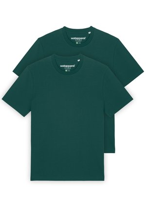 Twee korte mouwen t-shirts in donkergroen, gemaakt van zachte katoen, met een ronde hals en een eenvoudige uitstraling zonder patronen of accenten.