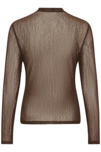 Hnedý, dlhý rukáv, priesvitný top s textúrovaným vzorom, okrúhlym výstrihom a rovnou lemovkou. Ľahký, vhodný na vrstvenie.