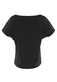 Black top with a wide neckline and short sleeves, featuring a smooth fabric and a relaxed fit. No visible patterns or hardware details.