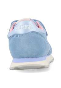 Blue suede sneakers with pastel pink accents, featuring a cushioned sole and a branding label "SUN68" on the heel.