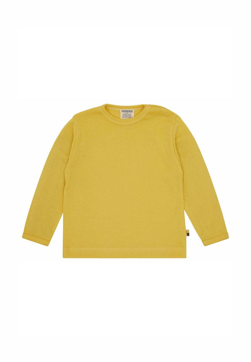 T-shirt in cotone giallo a maniche lunghe con scollatura rotonda e etichetta laterale, caratterizzato da una consistenza liscia e un design semplice in un colore solido.