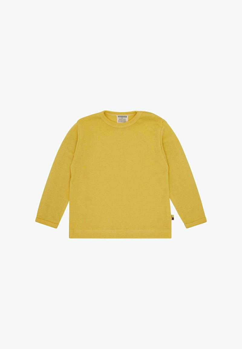 Long-sleeved yellow cotton t-shirt with a round neckline and side tag, featuring a smooth texture and a simple, solid color design.