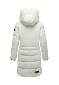 Long white padded winter coat with a hood, quilted sections on sleeves and lower back, and a small black label near the hem.