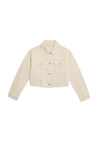 Giacca di jeans accorciata in beige chiaro, con collo, chiusura frontale a bottoni e due tasche frontali con dettagli metallici. Texture liscia.