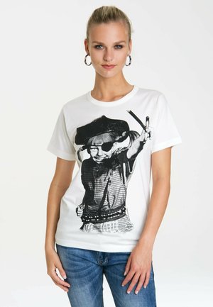 White cotton t-shirt featuring a black and white graphic of a child in pirate attire, with an eyepatch and a sword. Short sleeves, crew neck.
