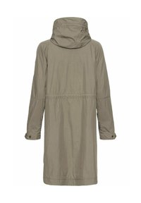 Langer, olivgrüner Parka mit Kapuze, tailliertem Schnitt und knopfbaren Ärmelbündchen. Hergestellt aus leichtem, strukturiertem Stoff.
