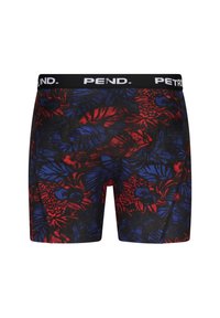 Černé boxerky s multibarevným květinovým vzorem v červené a modré barvě, s černým pasem, na kterém je bílým písmem natištěno "PEND."