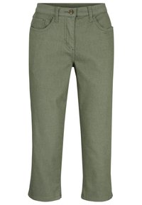 Pantalon vert olive à coupe droite, doté d'une fermeture par bouton, de passants pour ceinture et de deux poches avant. Confectionné dans un tissu texturé.