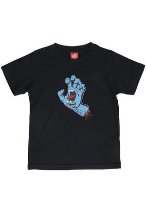 Maglietta nera a maniche corte con grafica di una mano blu che urla, con bocca aperta e denti visibili, polso che gocciola rosso, etichettata "Santa Cruz".