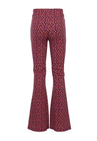 Uitlopende broeken van een levendige paarse stof met een abstract patroon in oranje, roze en blauw. Soepele textuur en een aansluitende taille.