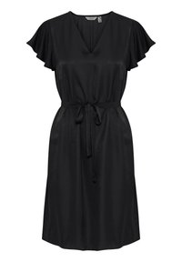 Schwarzes Kleid aus glattem Stoff, mit V-Ausschnitt, kurzen Rüscheärmeln, tailliertem Schnitt mit einem Bindegürtel und knielangem Saum.