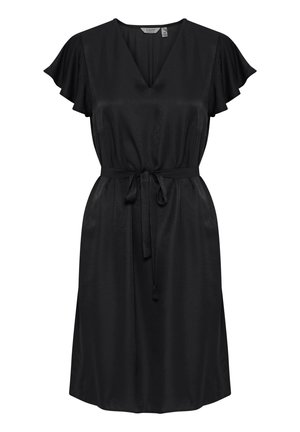 Abito nero in tessuto morbido, con scollatura a V, maniche corte a balze, vita aderente con cintura da annodare e orlo all'altezza del ginocchio.