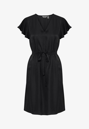 Abito nero in tessuto morbido, con scollatura a V, maniche corte a balze, vita aderente con cintura da annodare e orlo all'altezza del ginocchio.