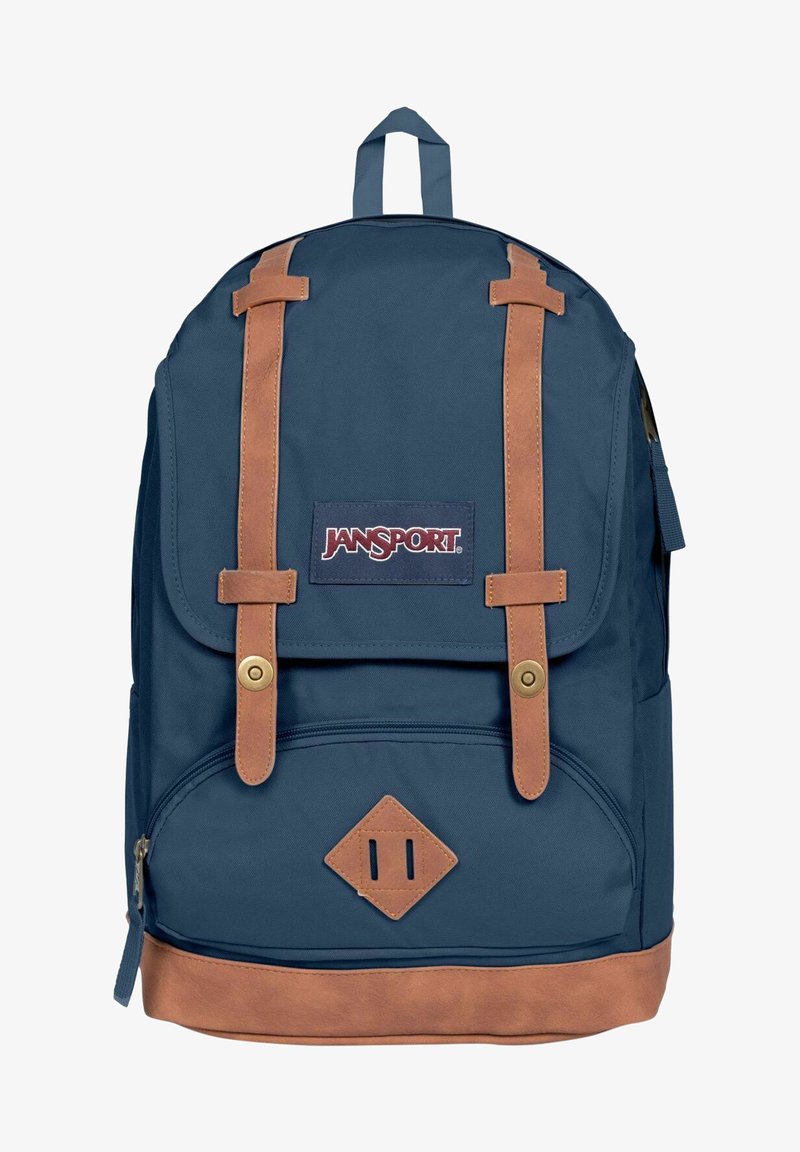 Zaino blu navy con dettagli in pelle, dotato di chiusura a pattina, tasca frontale e spallacci regolabili. Accessori in metallo dorato visibili.