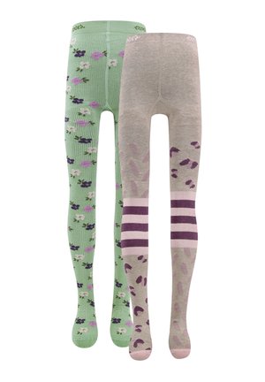 Zwei Paare Kinderstrumpfhosen, eines grün mit kleinen lila und weißen Blumen, das andere beige mit lila Leopardenflecken und Streifen.
