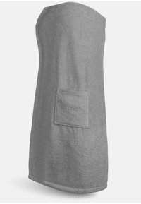 Graues Handtuchkleid aus Frottee mit einer handtuchähnlichen Textur, trägerlosem Design und einer Vorderentasche mit geprägtem Logo.