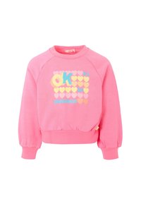 Sweat-shirt rose pour enfants avec manches bouffantes, poignets côtelés, et cœurs multicolores avec le texte "C'est OK pour être joueur."