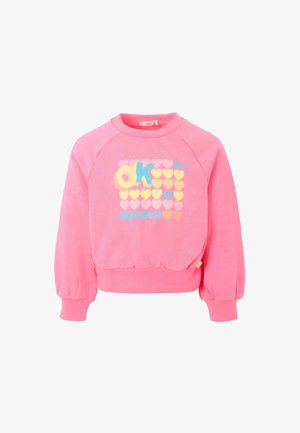 Sweat-shirt rose pour enfants avec manches bouffantes, poignets côtelés, et cœurs multicolores avec le texte "C'est OK pour être joueur."