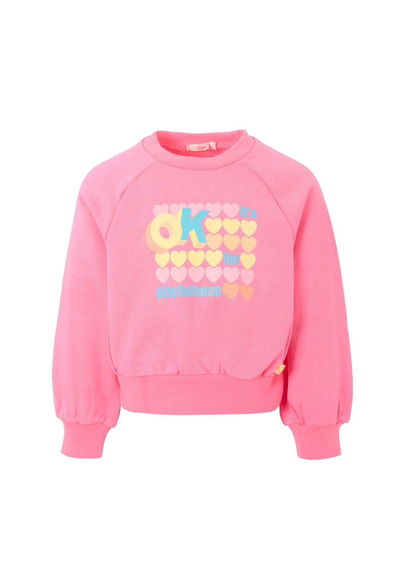Sweat-shirt rose pour enfants avec manches bouffantes, poignets côtelés, et cœurs multicolores avec le texte "C'est OK pour être joueur."