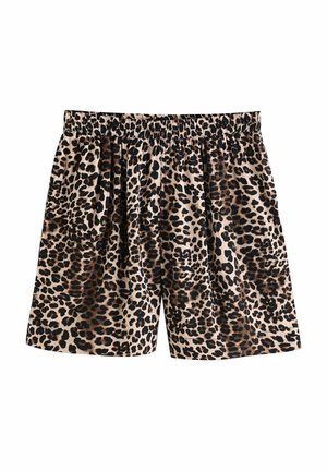 Shorts en imprimé léopard avec une taille élastique, fabriqués dans un tissu léger, avec une coupe ample et des poches latérales visibles.