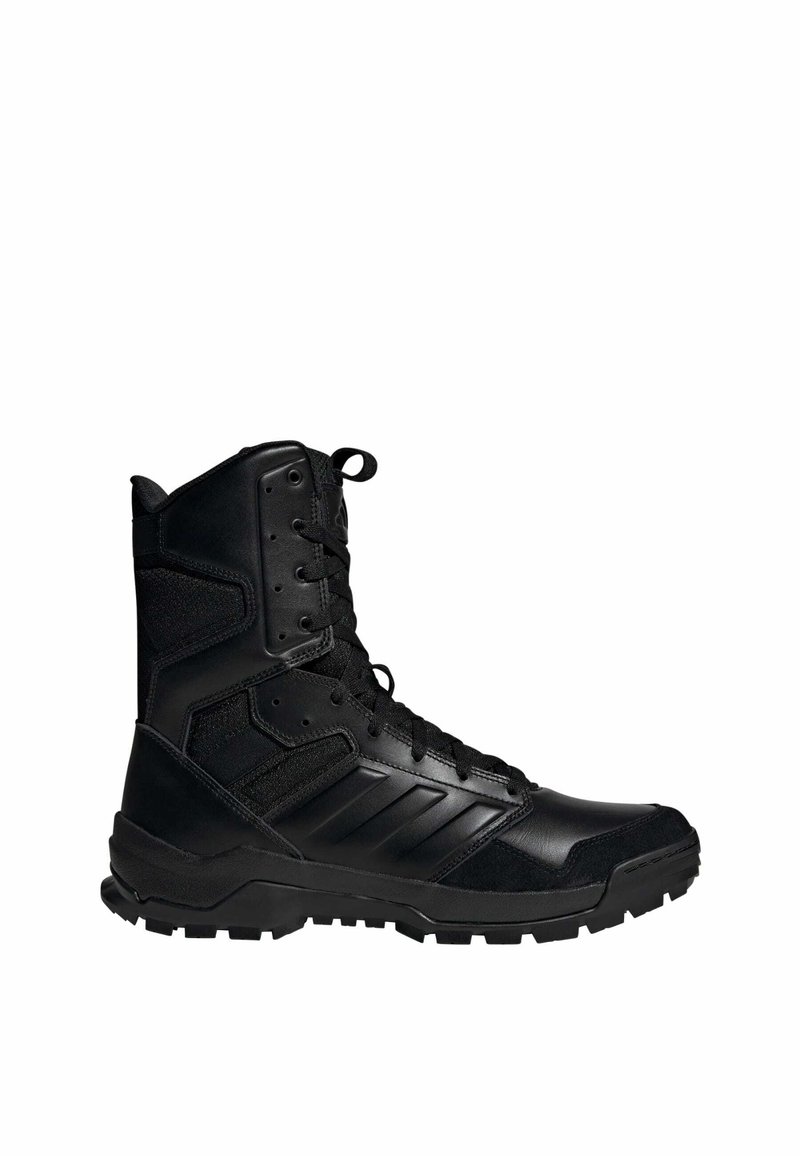 Black tactical boot with a combination upper of leather and synthetic materials, featuring lace closure, padded collar, and rugged sole.