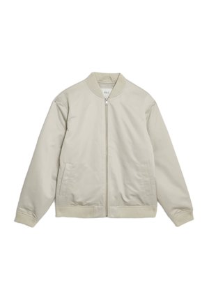 Beige bomberjack met geribbelde kraag en manchetten. Rits aan de voorkant, twee zijzakken. Gladde buitenkant, minimalistisch ontwerp.