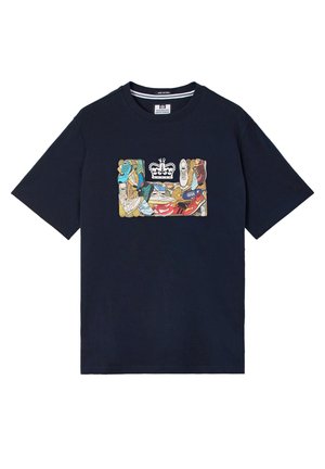 Navyblaues T-Shirt mit kurzen Ärmeln, auf der Brust zentriert ein bunter Sneaker-Collage und eine weiße Krone.