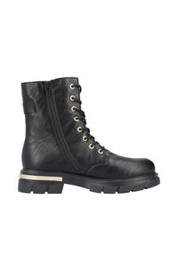 Bottes cheville en cuir noir avec une finition texturée, des œillets dorés, un laçage à l'avant, une fermeture éclair latérale et une semelle en caoutchouc épaisse avec un accent doré.
