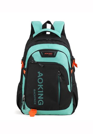 Black and turquoise backpack with padded straps, multiple zippered compartments, featuring an orange accent and prominent "AOKING" logo.