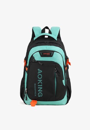Sac à dos noir et turquoise avec des bretelles rembourrées, plusieurs compartiments zippés, mettant en avant un accent orange et un logo "AOKING" bien visible.