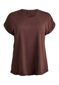 Braunes kurzärmliges T-Shirt aus weichem Material mit rundem Ausschnitt und aufgerollten Ärmeln, lockerem Schnitt und glatter Textur.