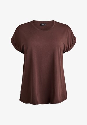 Pruun lühikeste varrukatega t-särk pehmest materjalist, millel on ümar kaelus ja rullitud varrukad, lõdva istuvusega ja sileda tekstuuriga.
